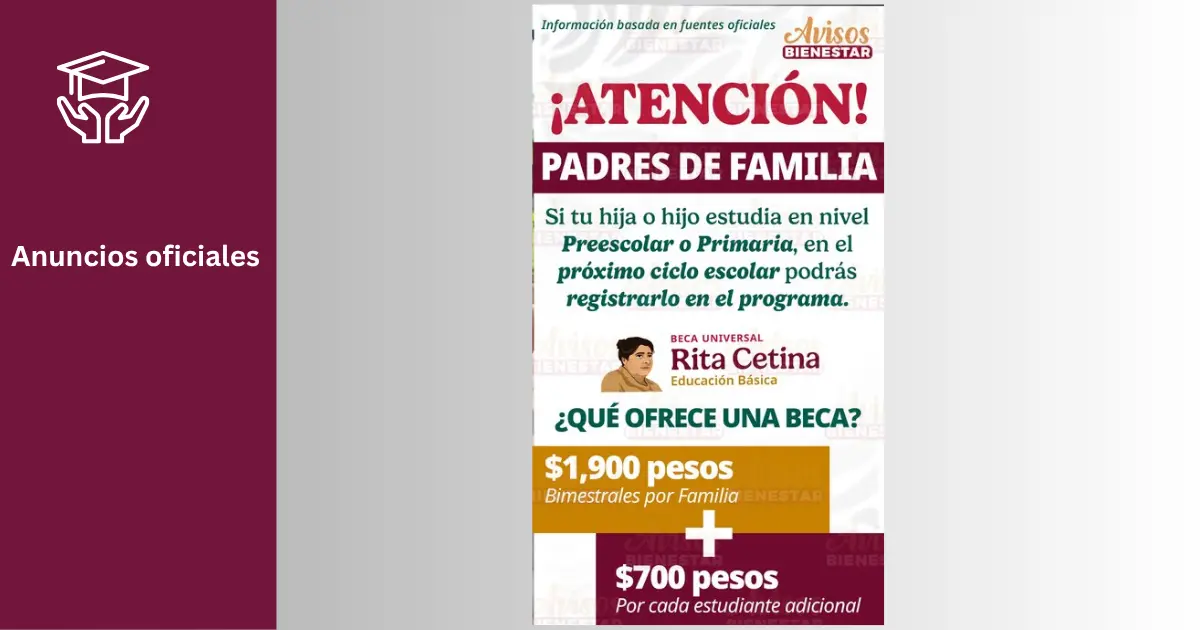 Beca Rita Cetina 2025‑2026: Fechas de registro para preescolar y primaria 2 Anuncio oficial sobre la inscripción a la beca Rita Cetina 2025-2026