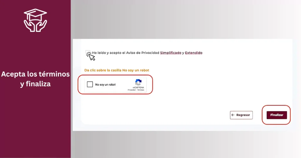 Acepta el Aviso de Privacidad: Lee y acepta los términos. Completa el captcha de seguridad y haz clic en “Finalizar”.