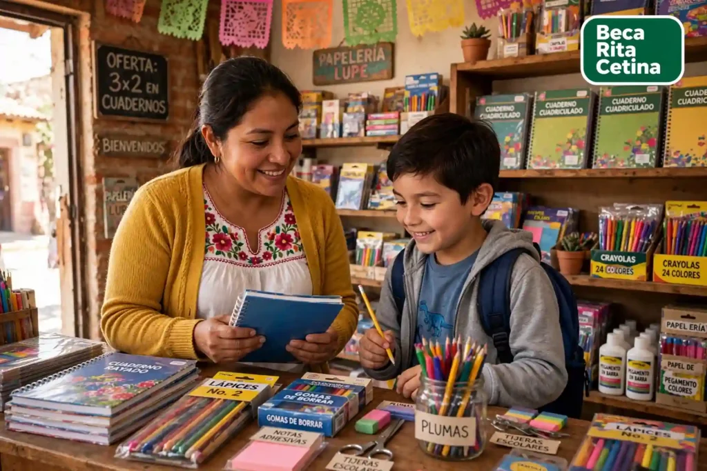 Familia comprando útiles escolares con el pago de la beca Rita Cetina primaria 2026