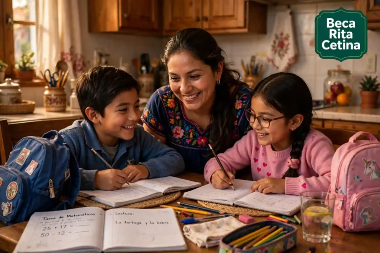 Madre mexicana con sus hijos revisando los apoyos de becas para madres solteras 2026