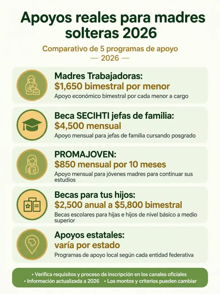 Infografía comparativa de becas para madres solteras 2026 con montos por programa