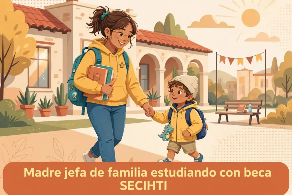 Madre jefa de familia estudiando universidad con beca SECIHTI
