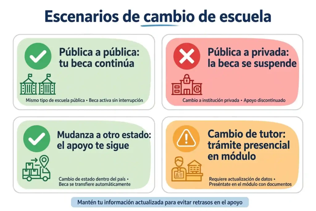 Escenarios de cambio de escuela y qué pasa con tu beca en cada uno