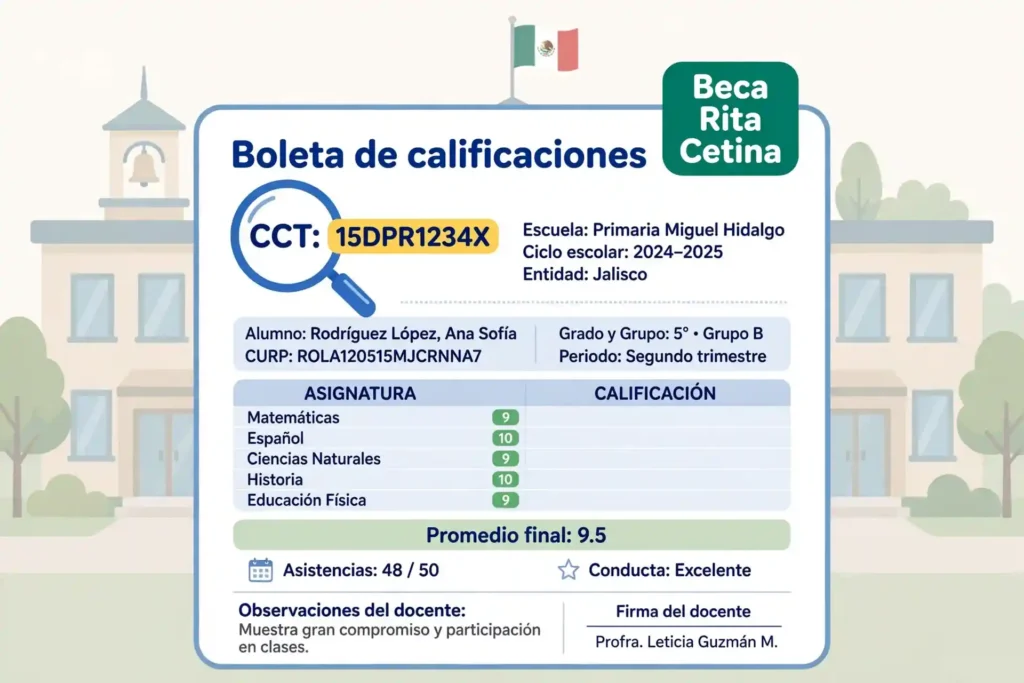 Boleta de calificaciones con la clave de la escuela resaltada