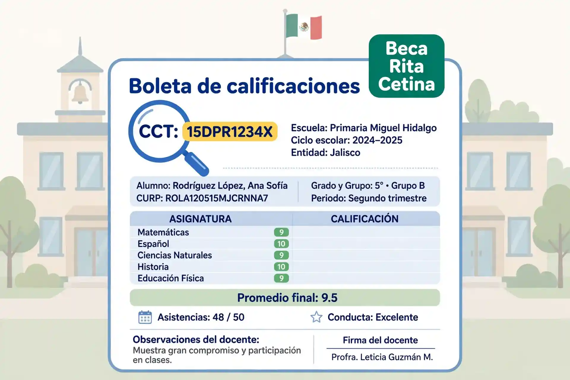 Boleta de calificaciones con la clave de la escuela resaltada