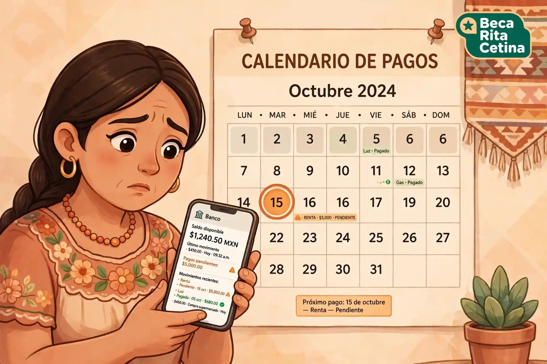 Madre revisando si ya cayó el pago de la beca en su celular
