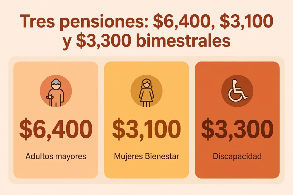 Las tres pensiones de los programas del Bienestar 2026: adultos mayores $6,400, Mujeres Bienestar $3,100 y discapacidad $3,300 bimestrales.