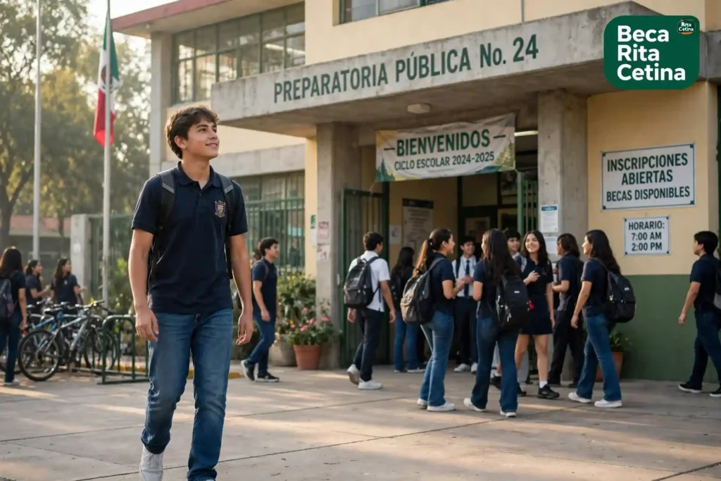 Estudiante de preparatoria con mochila entrando a su escuela pública para registrarse a la Beca Benito Juárez