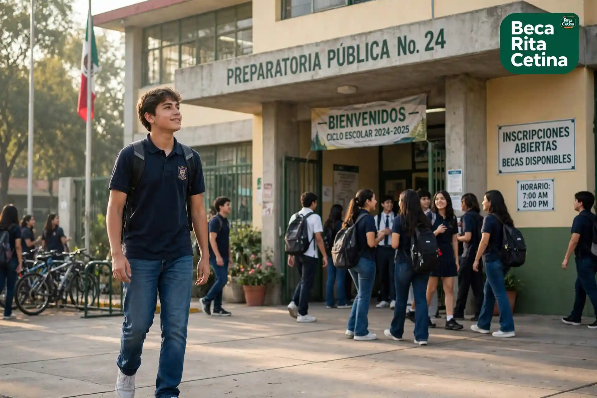 Estudiante de preparatoria con mochila entrando a su escuela pública para registrarse a la Beca Benito Juárez