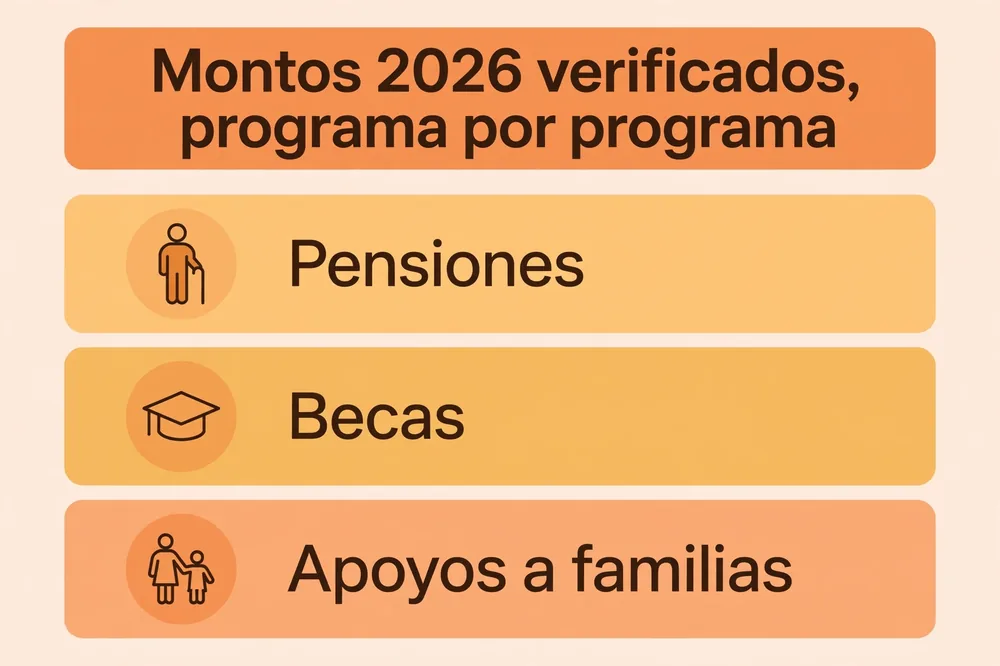 Tabla de montos 2026 de los programas del Bienestar: pensiones, becas, Jovenes Construyendo el Futuro, Sembrando Vida y Madres Trabajadoras.