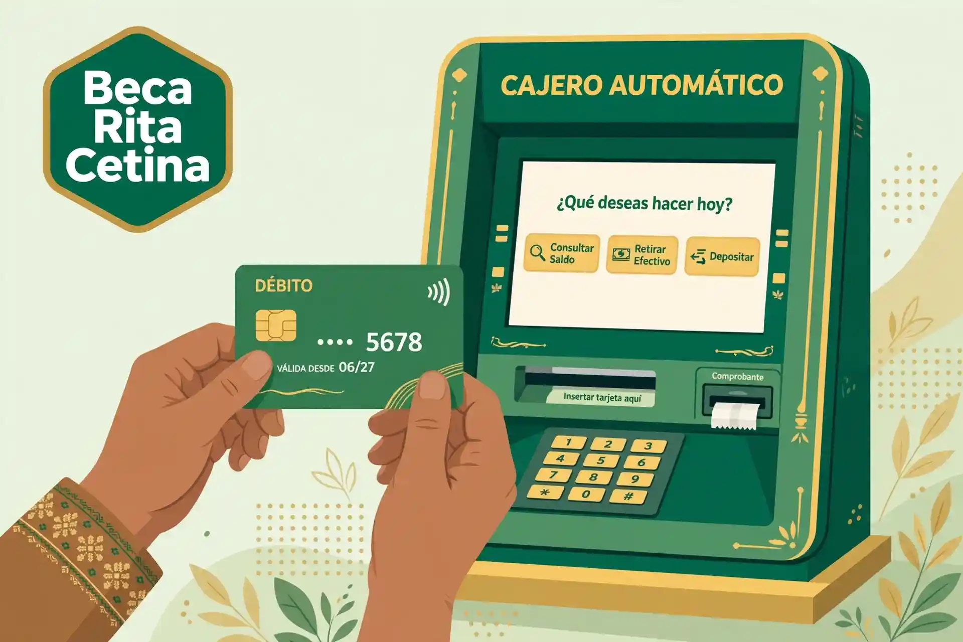 Tarjeta del Banco del Bienestar en manos de una beneficiaria frente a un cajero del banco
